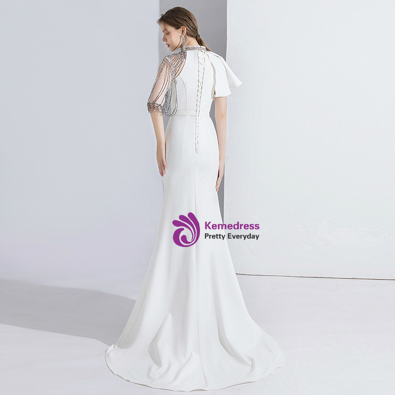 Sexy Mermaid Short Sleeves White Ankle Length Prom Dress Formal Dresses With Bow
