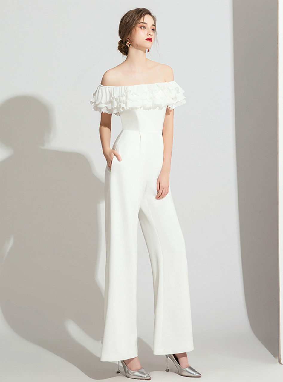 White Polyester Off the Shoulder Ruffles Party Jumpsuits