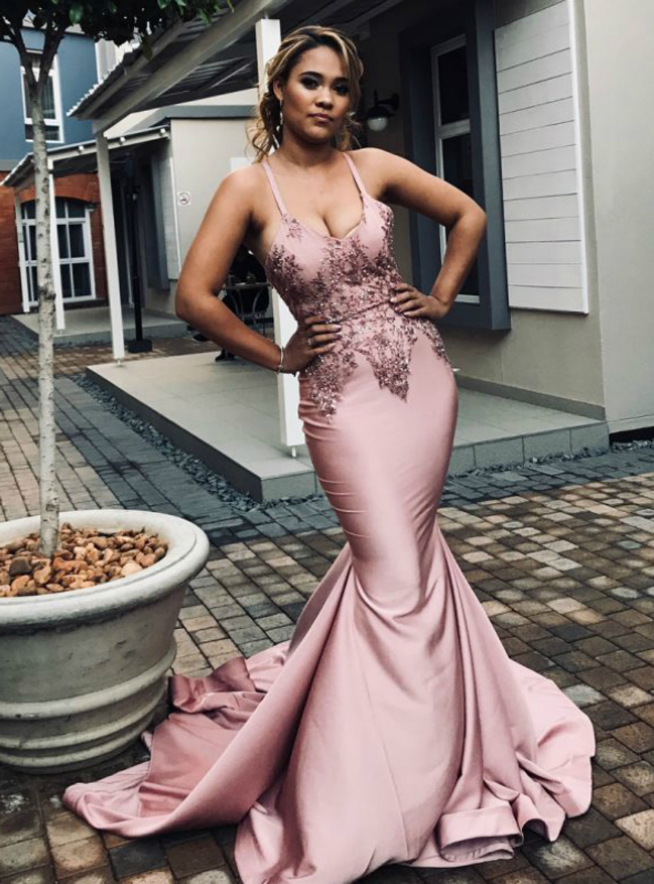 Pink Mermaid Satin Spaghetti Straps Sequins Appliques Prom Dress 2020