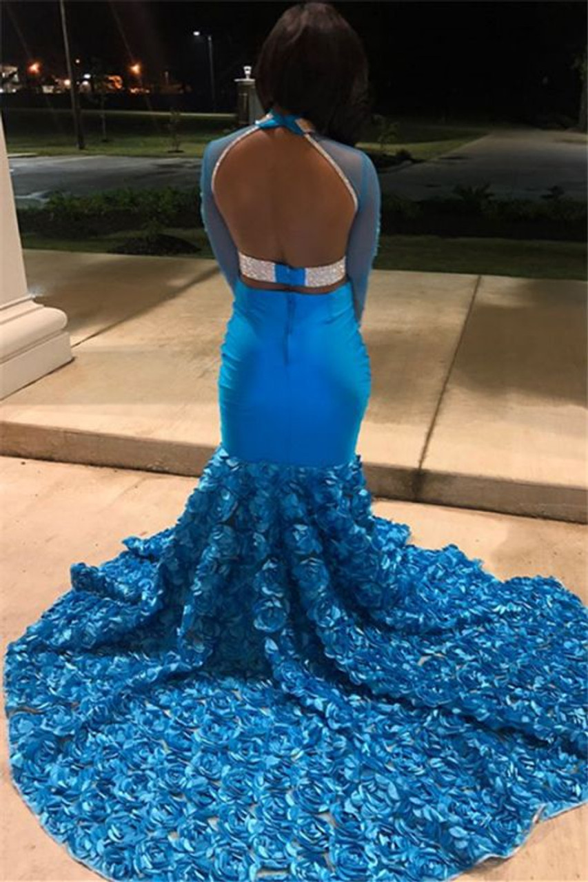 Blue Mermaid Flower Long Sleeve Backless Appliques Prom Dress 2020