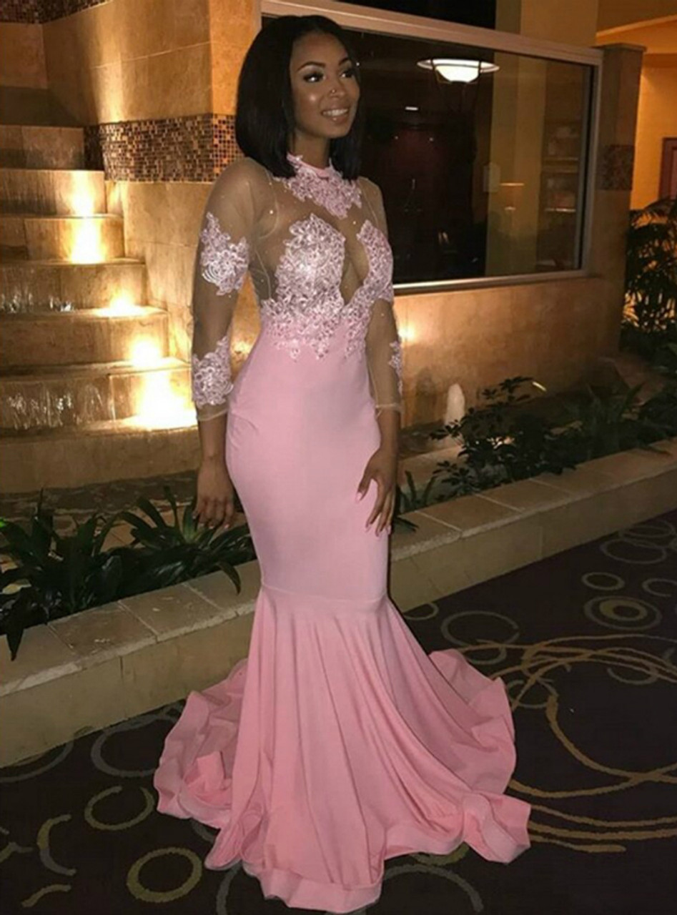 Pink Mermaid Satin Long Sleeve Backless Appliques Beading Prom Dress 2020