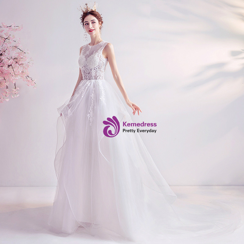 Pretty White Satin Tulle Appliques Long Wedding Dress Formal Bridal Dress cc3463 main image 1