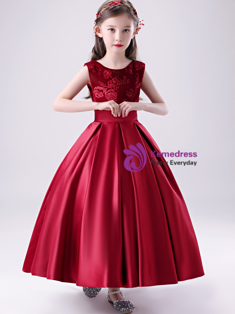 open lace back dress Dark Red Velvet Princess Dress with Illusion Neckline and Sequins for Girls - Dark Red / 18-24 Months (90cm)