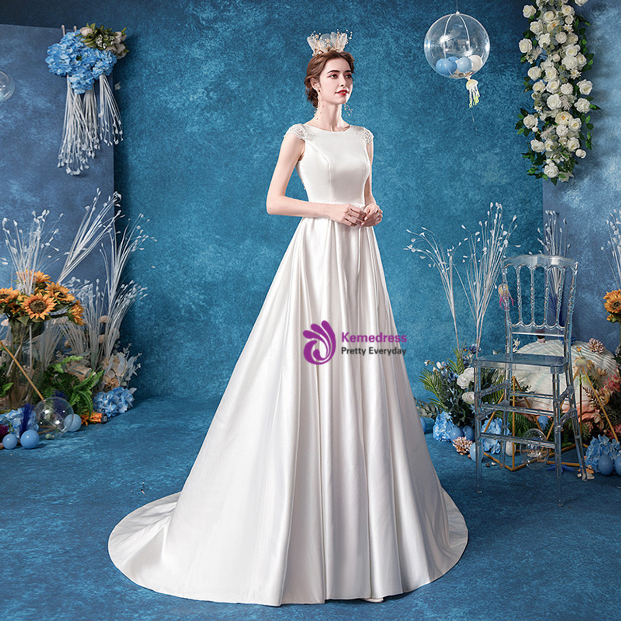 In Stock:Ship in 48 Hours White Satin Cap Sleeve Wedding Dress 2020