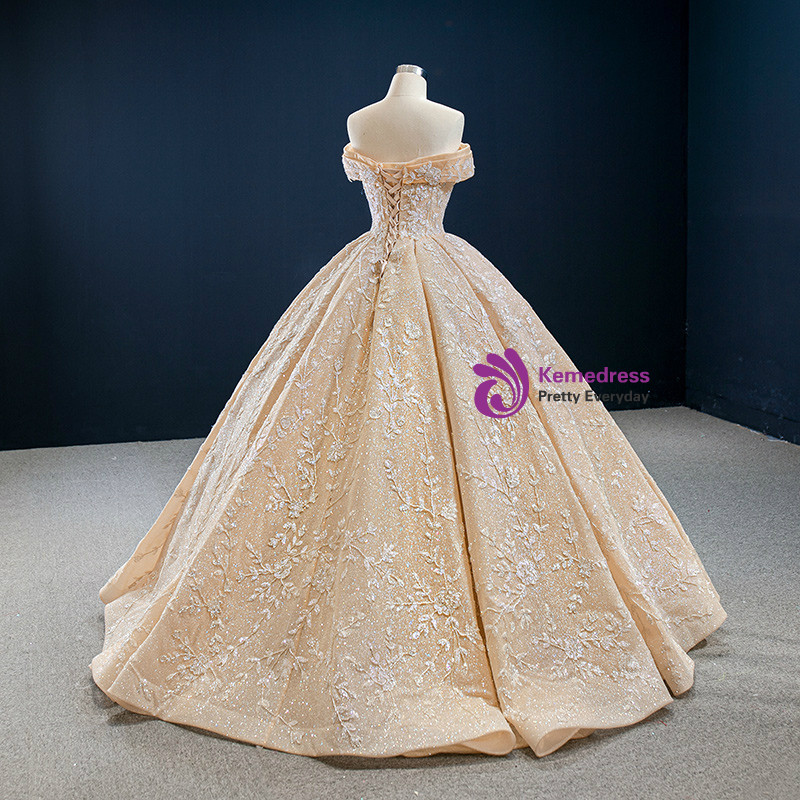 gold prom dresses 2020 Gold Sweetheart Beaded Sparkles Court Train Flowers Prom Dresses