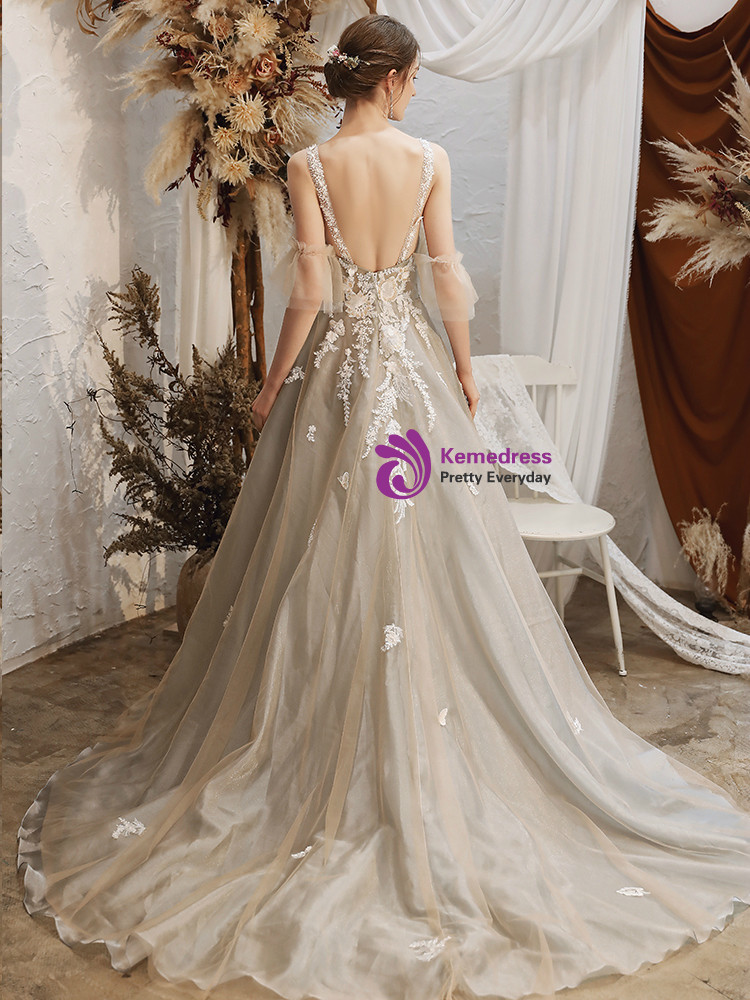 Gray A-line wedding dress with halter neckline and open back