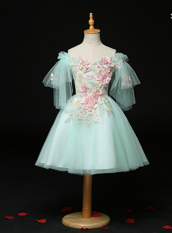 Low Price Guarantee Light Green Tulle Off the Shoulder Appliques Flower  Girl Dress