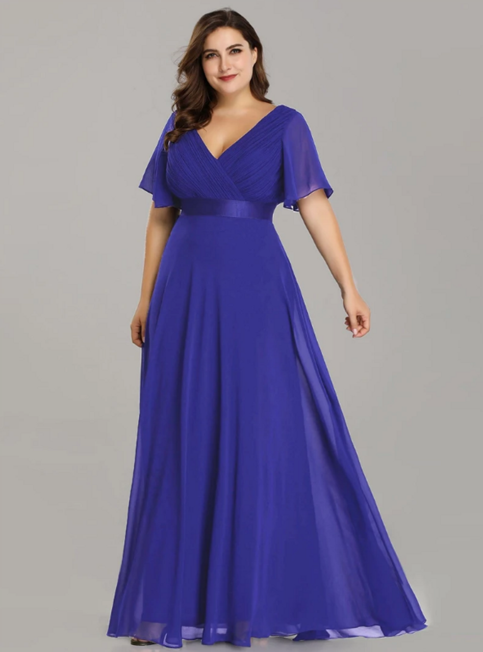 At Incredible Price Sapphire Blue Chiffon V-neck Pleats Horn Sleeve Plus  Size Prom Dress