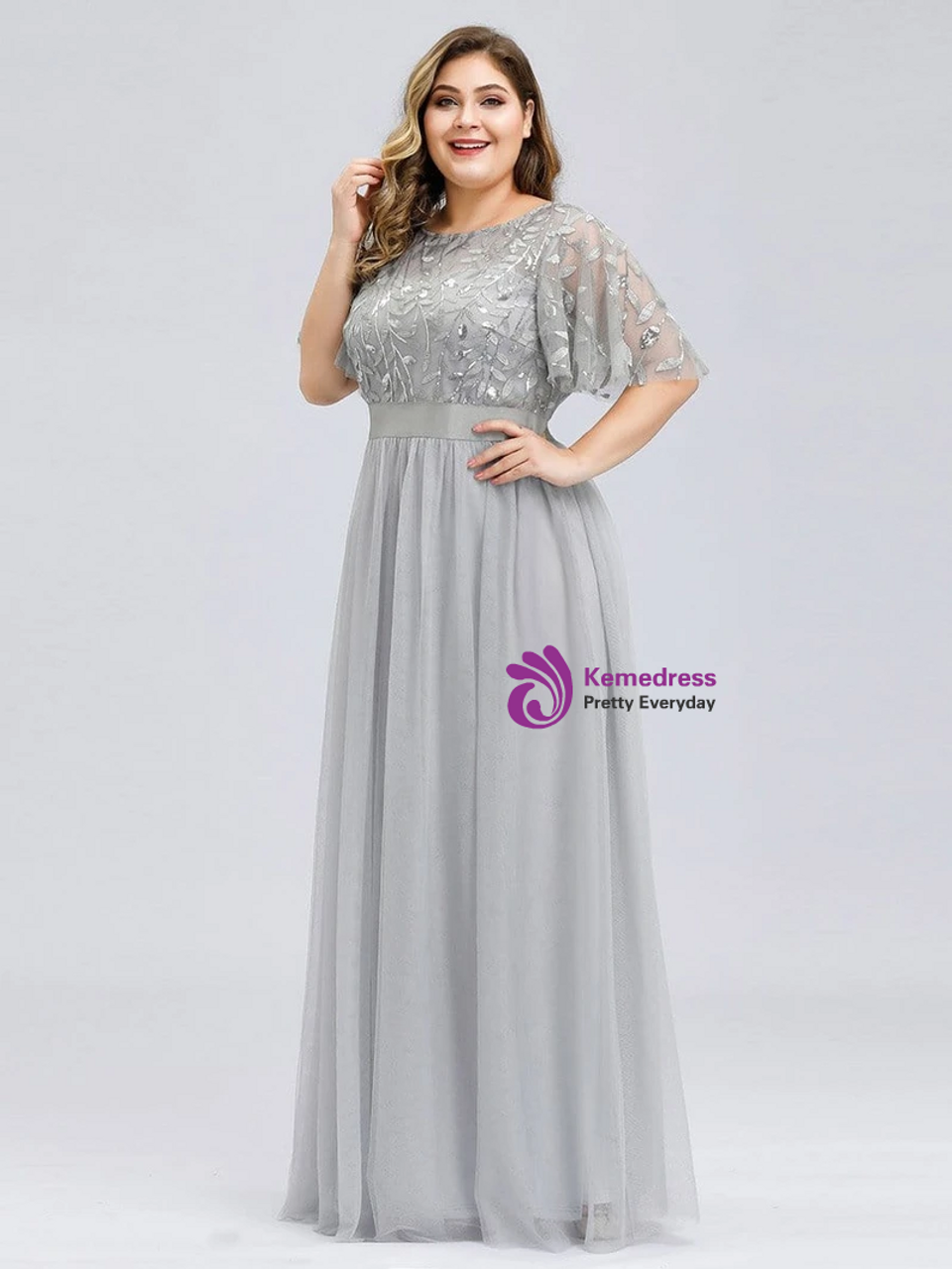 Shop 2020 Plus Size Silver Gray Tulle Sequins Horn Sleeve Prom Dress