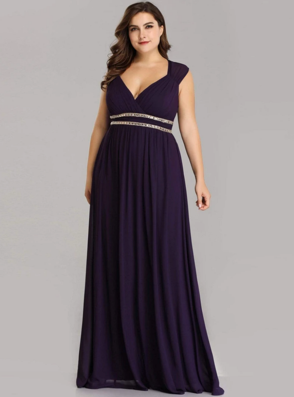 All Sizes Dark Purple Chiffon V-neck Pleats Open Back Plus Size Prom Dress