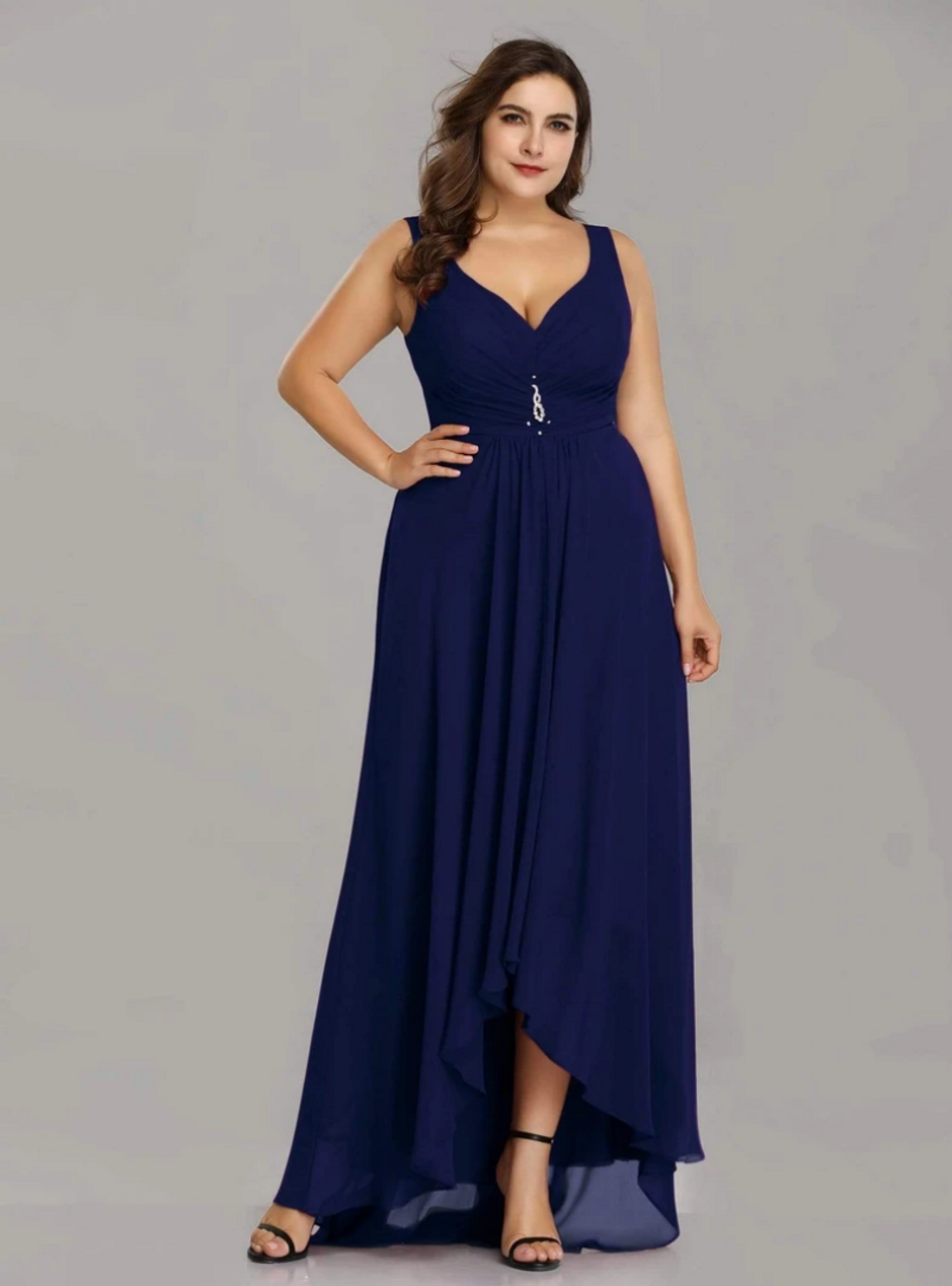 Find All Of The Latest Styles Navy Blue Chiffon V-neck Hi Lo Pleats Plus  Size