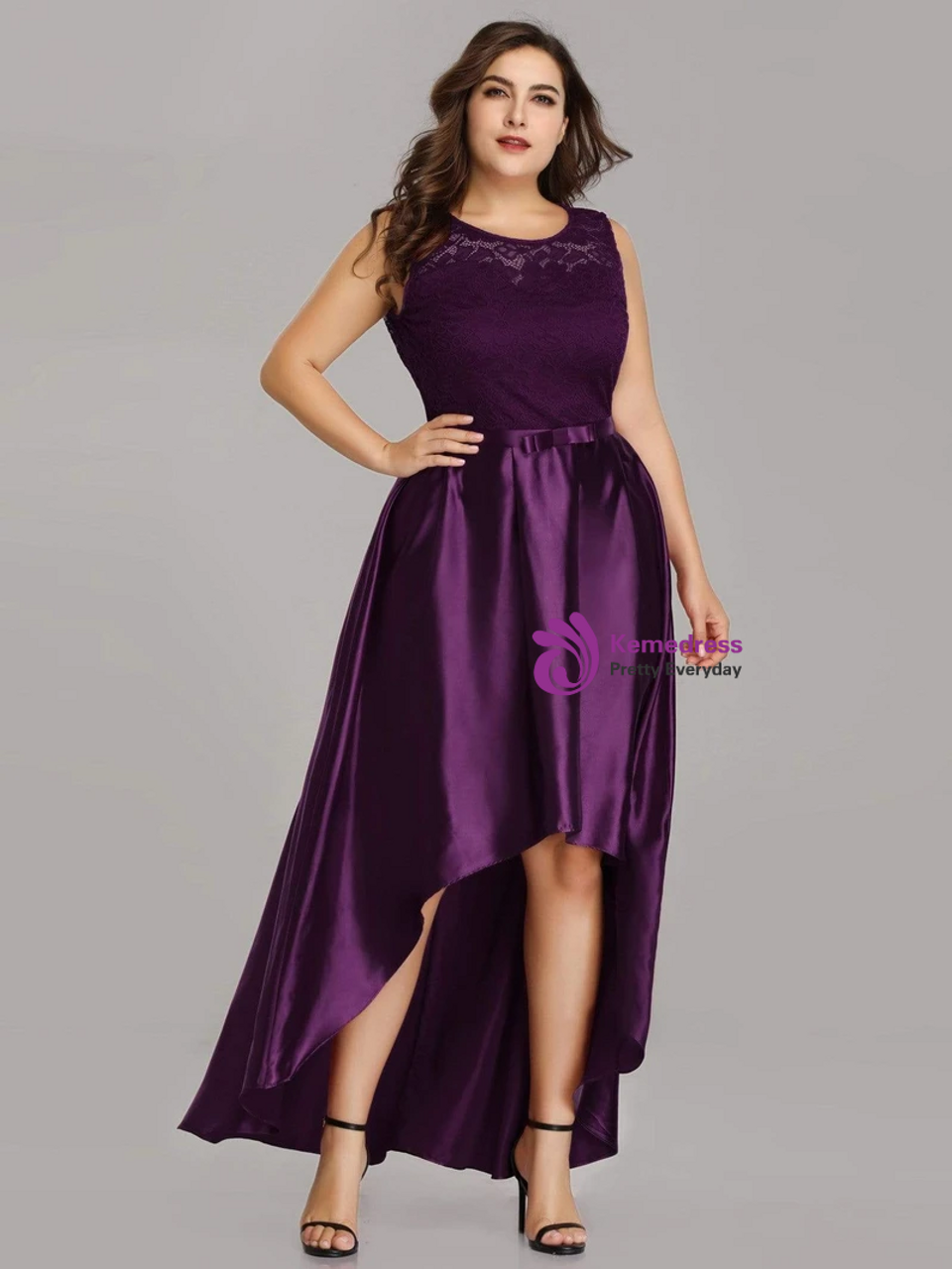 The Best Discount Dark Purple Burgundy Satin Lace Hi Lo Plus Size Prom ...