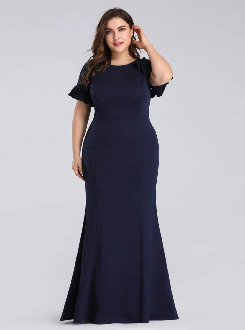 Brand New Navy Blue Mermaid Satin Short Sleeve Plus Size Prom Dress