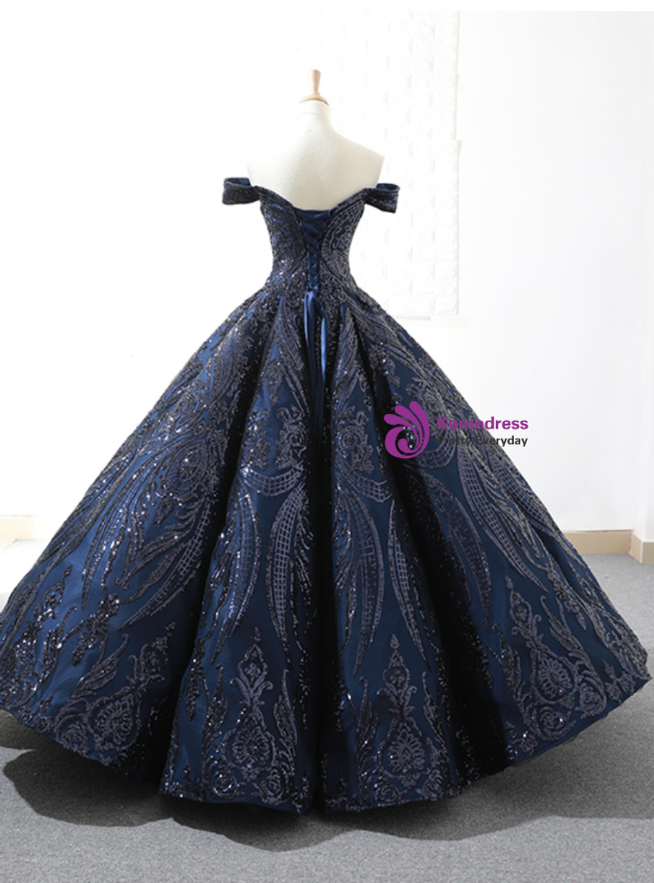 Be The Prom Queen In Navy Blue Sequins Ball Gown Off The Shoulder Prom ...