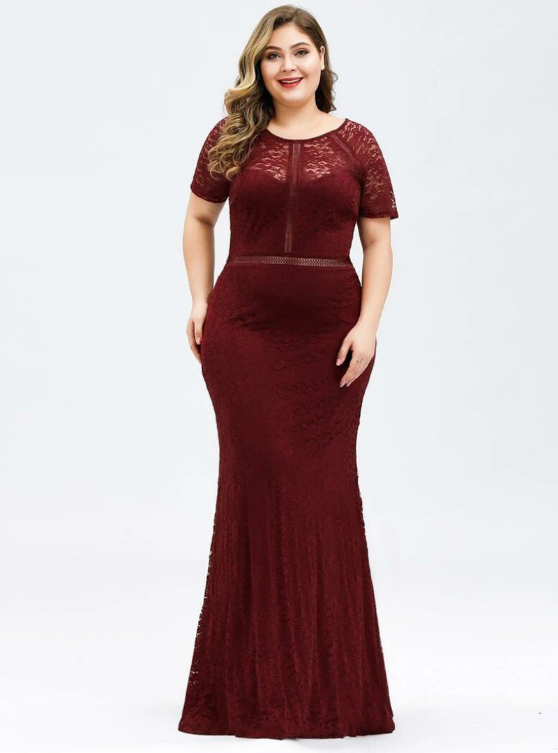 plus size burgundy mermaid dress Short Sleeve Round Neck Bodycon Formal Dress