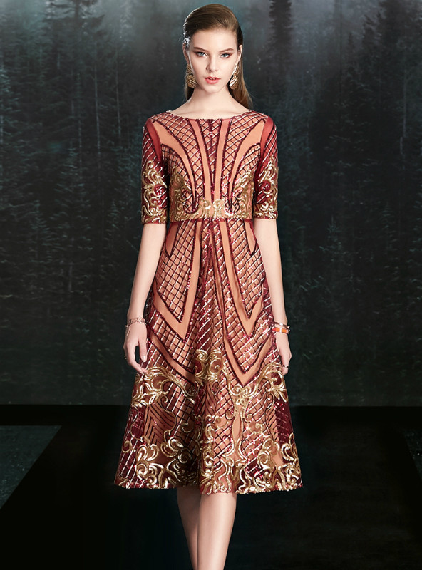 Burgundy knee length A line mother of the bride dress with bateau neckline short sleeves and sequins