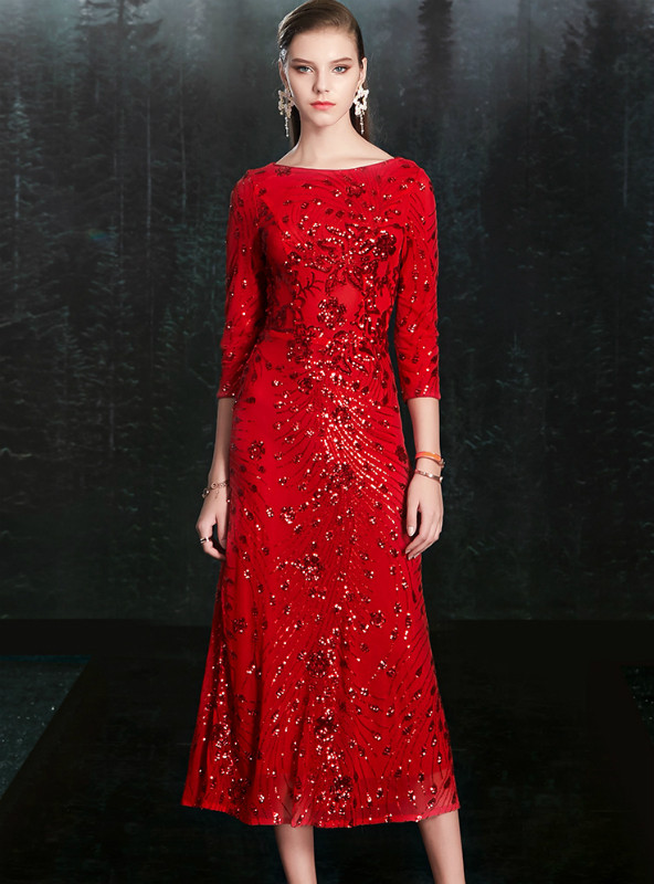 Red Sheath 3/4 Sleeve Tea Length 