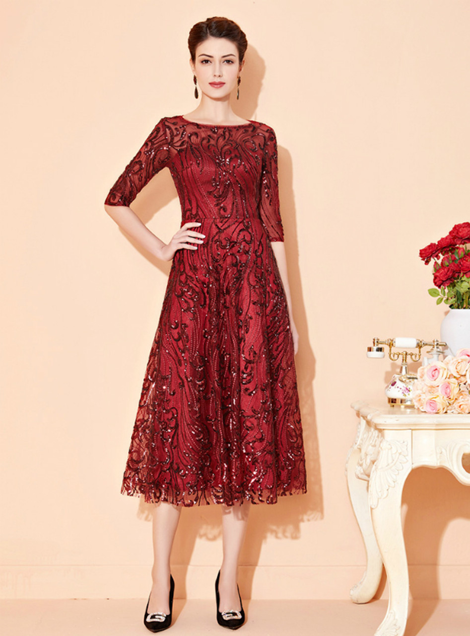 Half sleeve tea length hot sale mother of the bride dresses