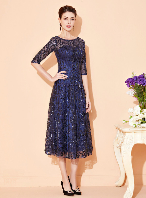 Purchase Your Favorite Navy Blue Tulle Sequins Half Sleeve Tea Length Mother  Of The Bride Dress