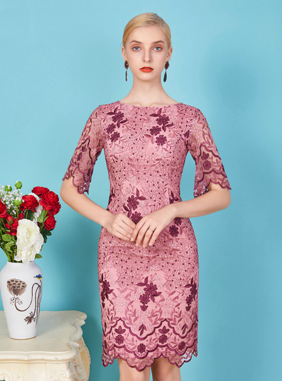 purple lace sheath dress