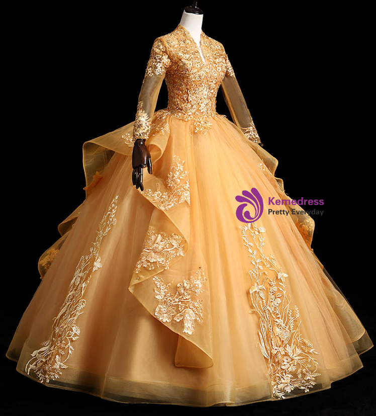 Ombre Ball Gown Prom Dress Quinceanera Dress with Delicate Gold Appliques UQP0076