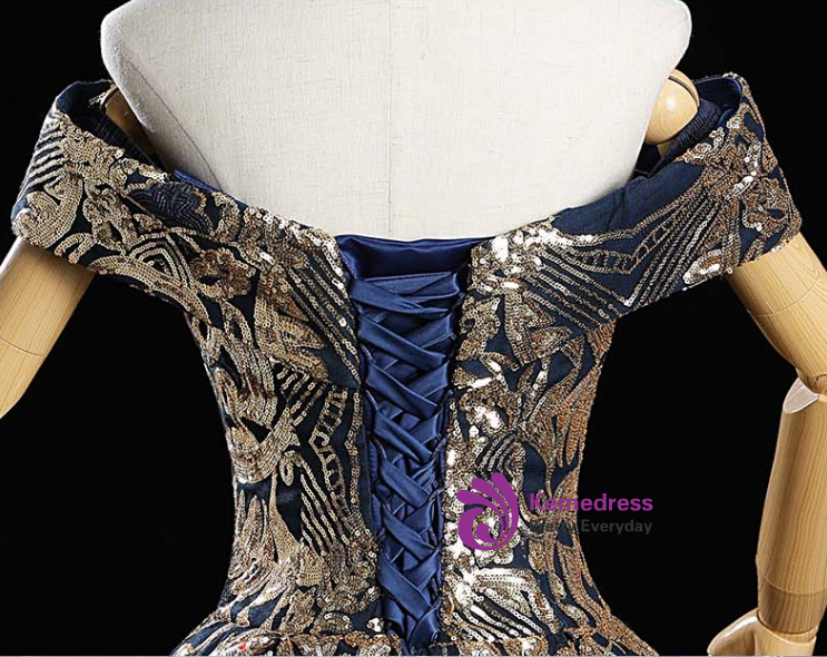 Sparkly Off The Shoulder Satin Sequin Beaded Appliques Blue Formal Quinceanera Dress Ball Gown SP746 main image 0