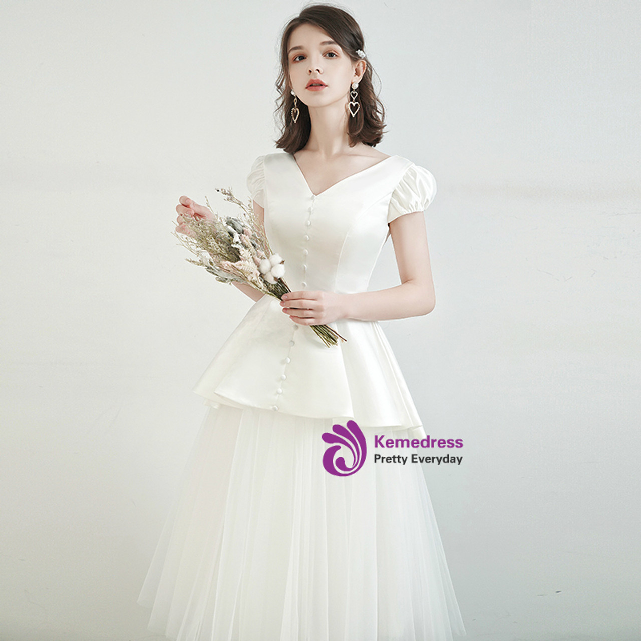 Find All Of The Latest Styles A-Line White Tulle Satin V-neck Cap ...