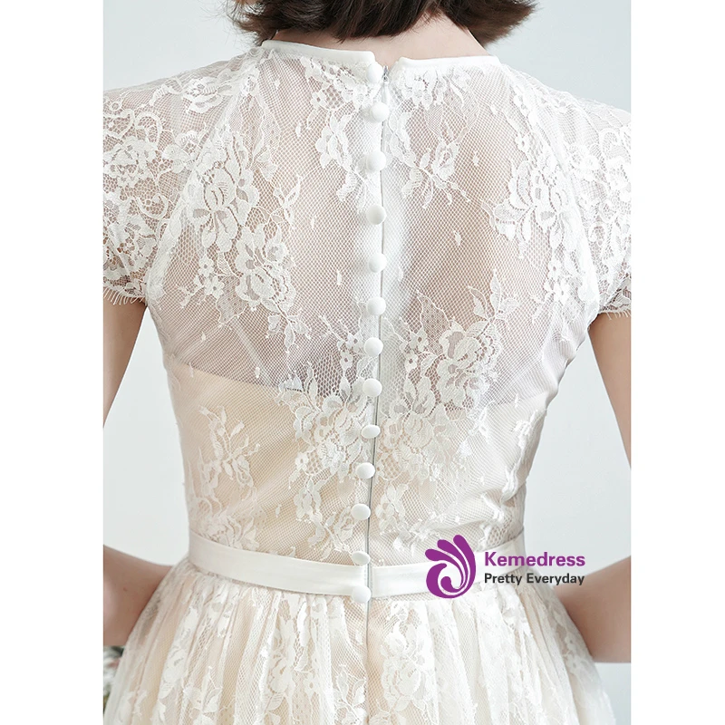 Champagne lace tea length wedding dress back detail
