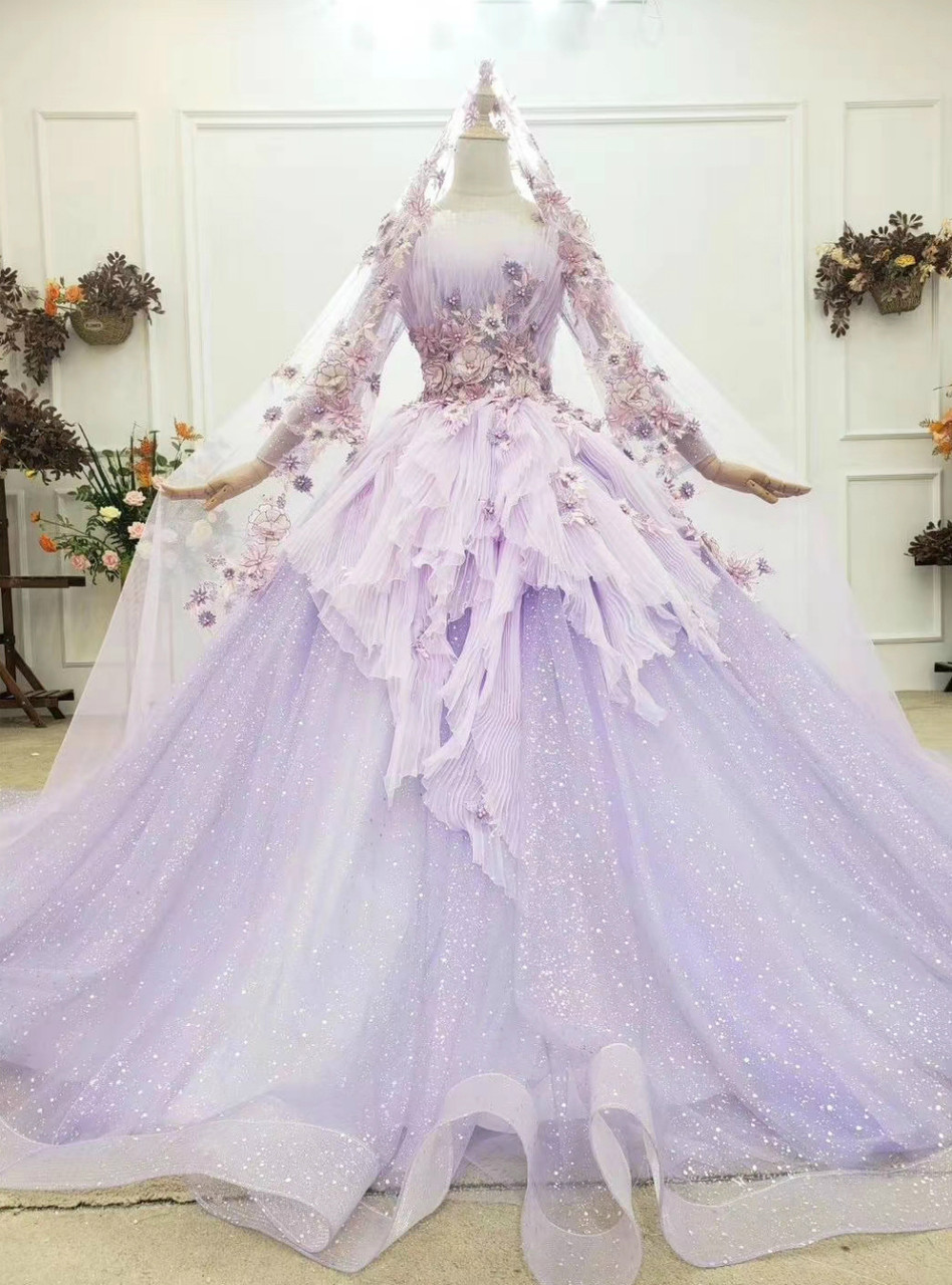 At Incredible Price Purple Ball Gown Tulle Long Sleeve Appliques Pleats Wedding  Dress