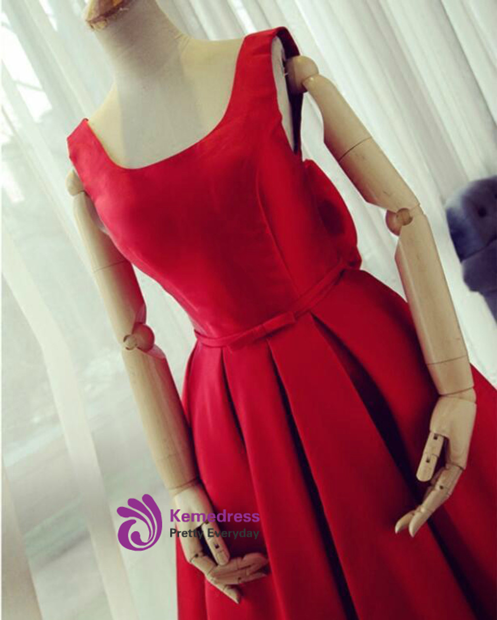 2017 Summer Fashion Party Dress Knee Length Red Prom Dress A line Satin ...