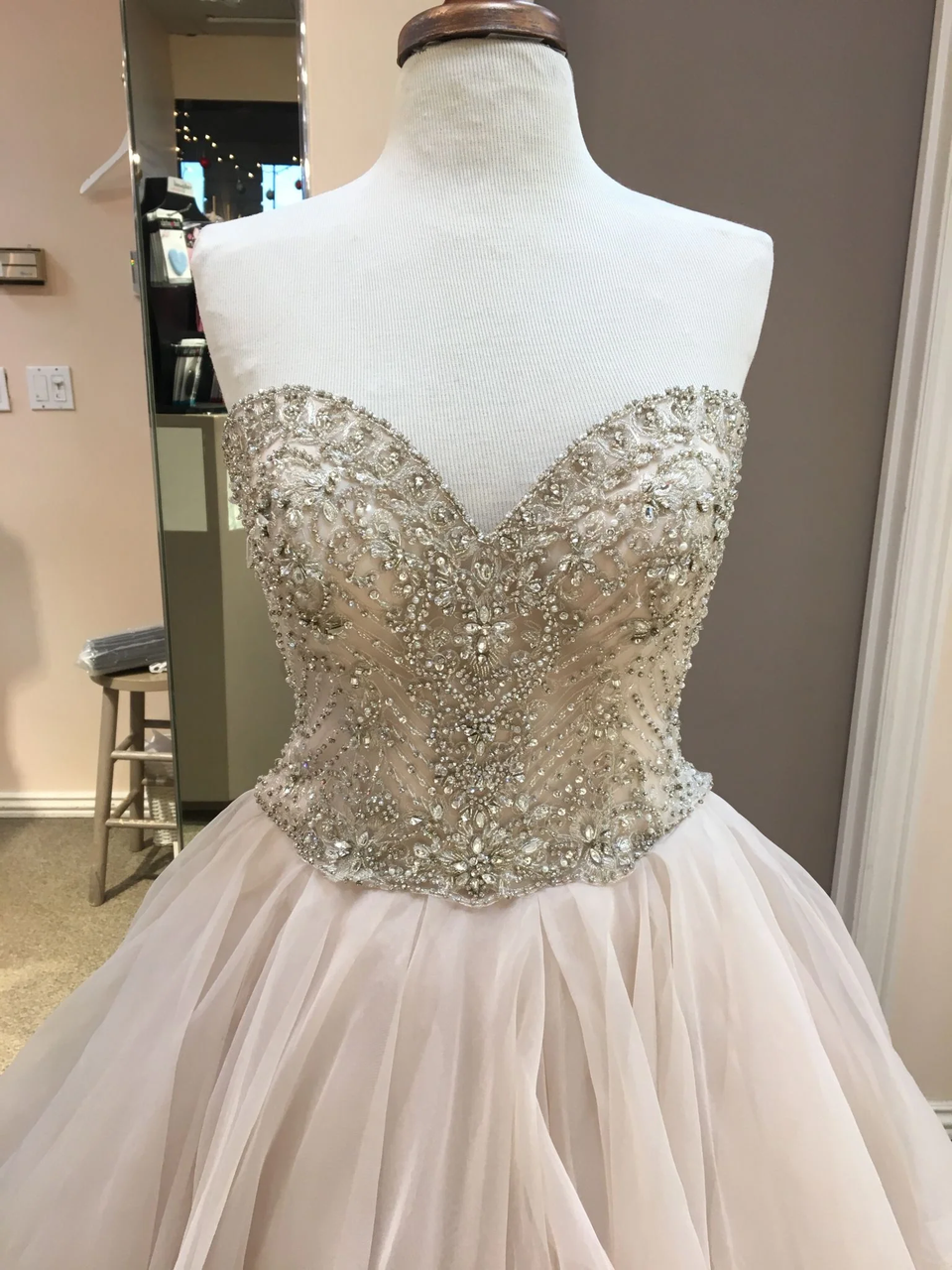 Crystal beaded sweetheart ball gown wedding dress with layered organza tulle skirt
