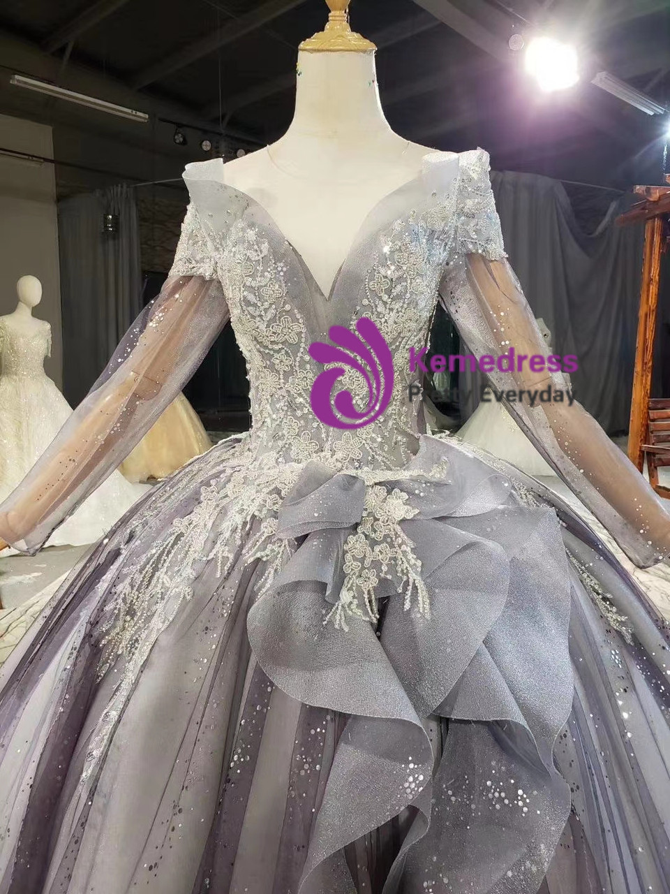 13828 Grey Sequins Tulle Skirt Dress