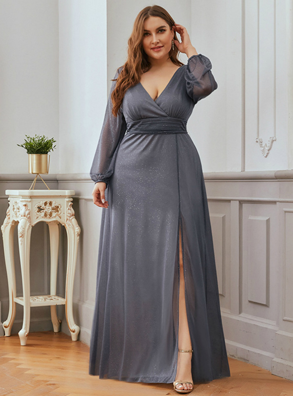 Long & Short Made-To-Measure A-Line Gray Tulle V-neck Long Sleeve Plus Size