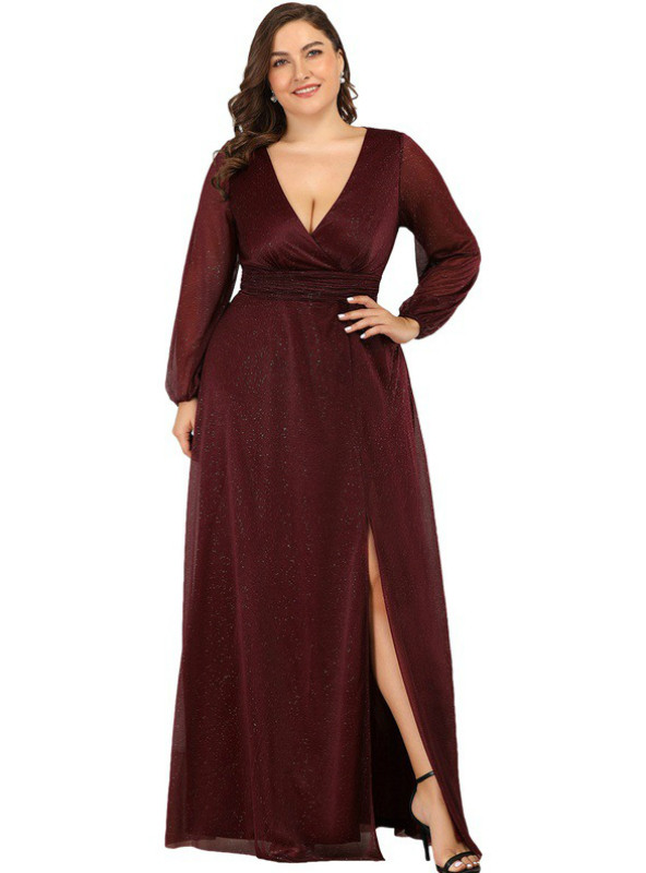 A-line V-neck Lace Up Tulle Gown Burgundy Plus Size