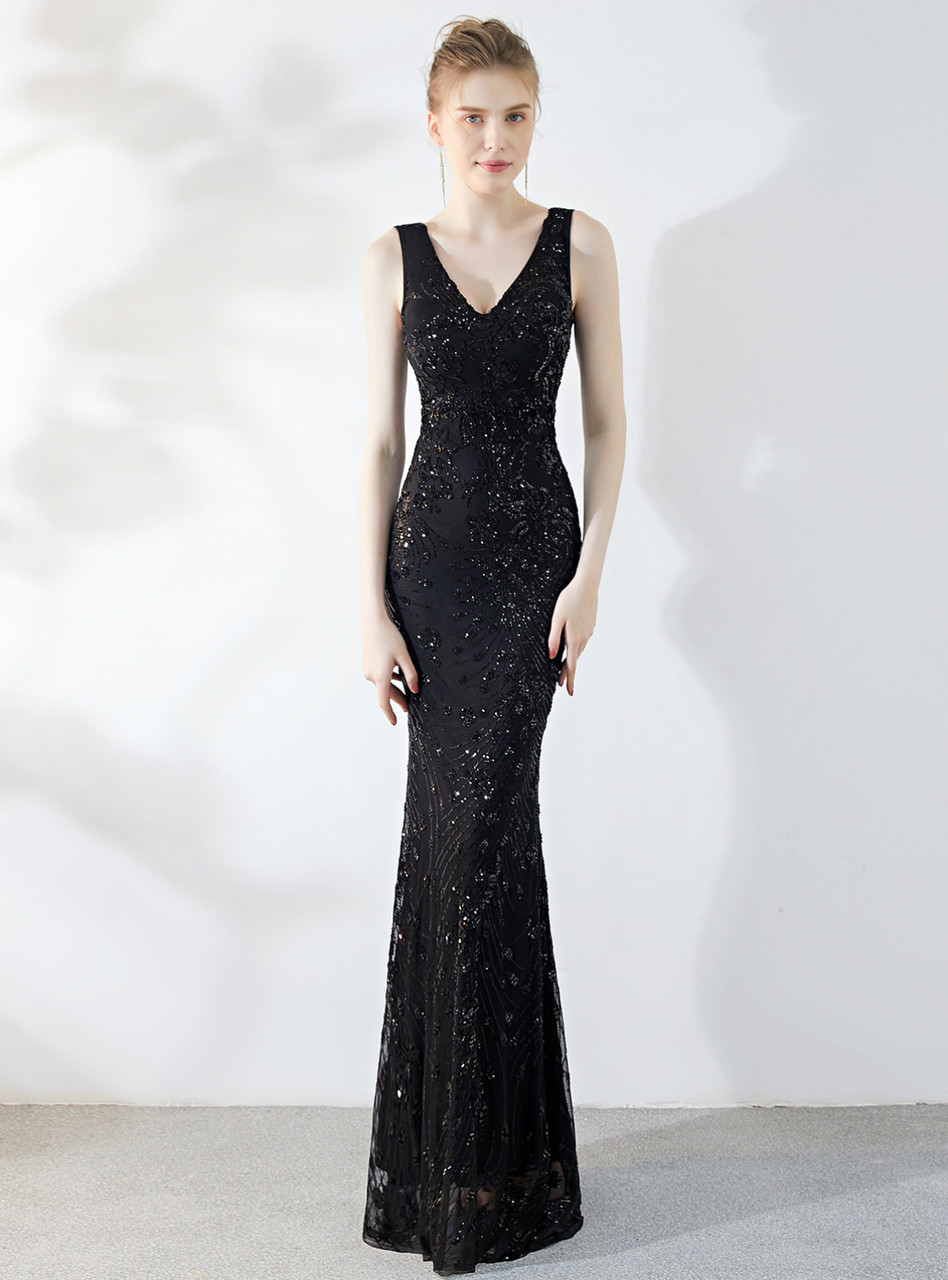 Black Sequins V Neck Tassels Mermaid Floor Length Prom Dress