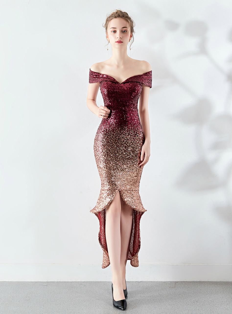 In Stock:Ship in 48 Hours Burgundy Gold Sequins Hi Lo Prom Dress