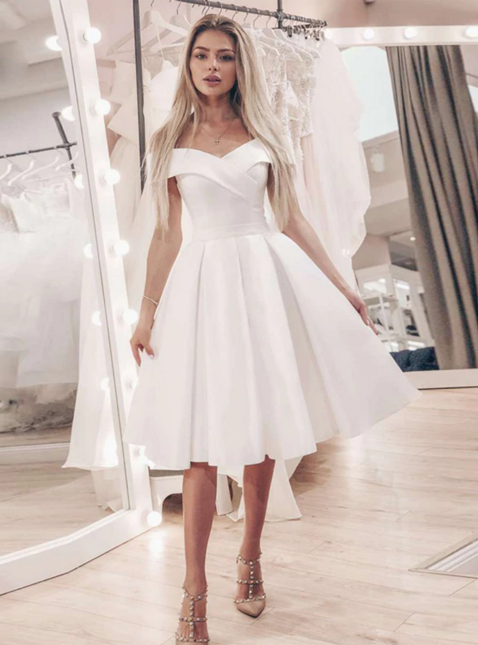 White Short Tea-Length Bridesmaid Dress, Off Shoulder Slit Backless Br –  OkBridal