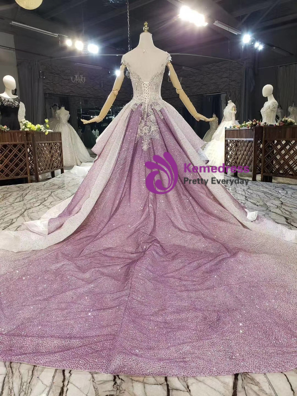 purple sparkly wedding dress Purple Tulle Wedding Dresses Ball Gown Spaghetti Straps V-Neck Beaded angelaweddings