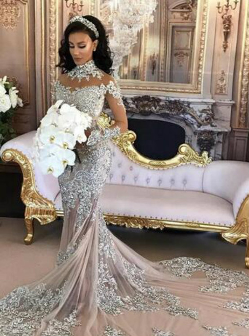 Champagne Mermaid Wedding Dresses Lace Appliqued Beading Beach