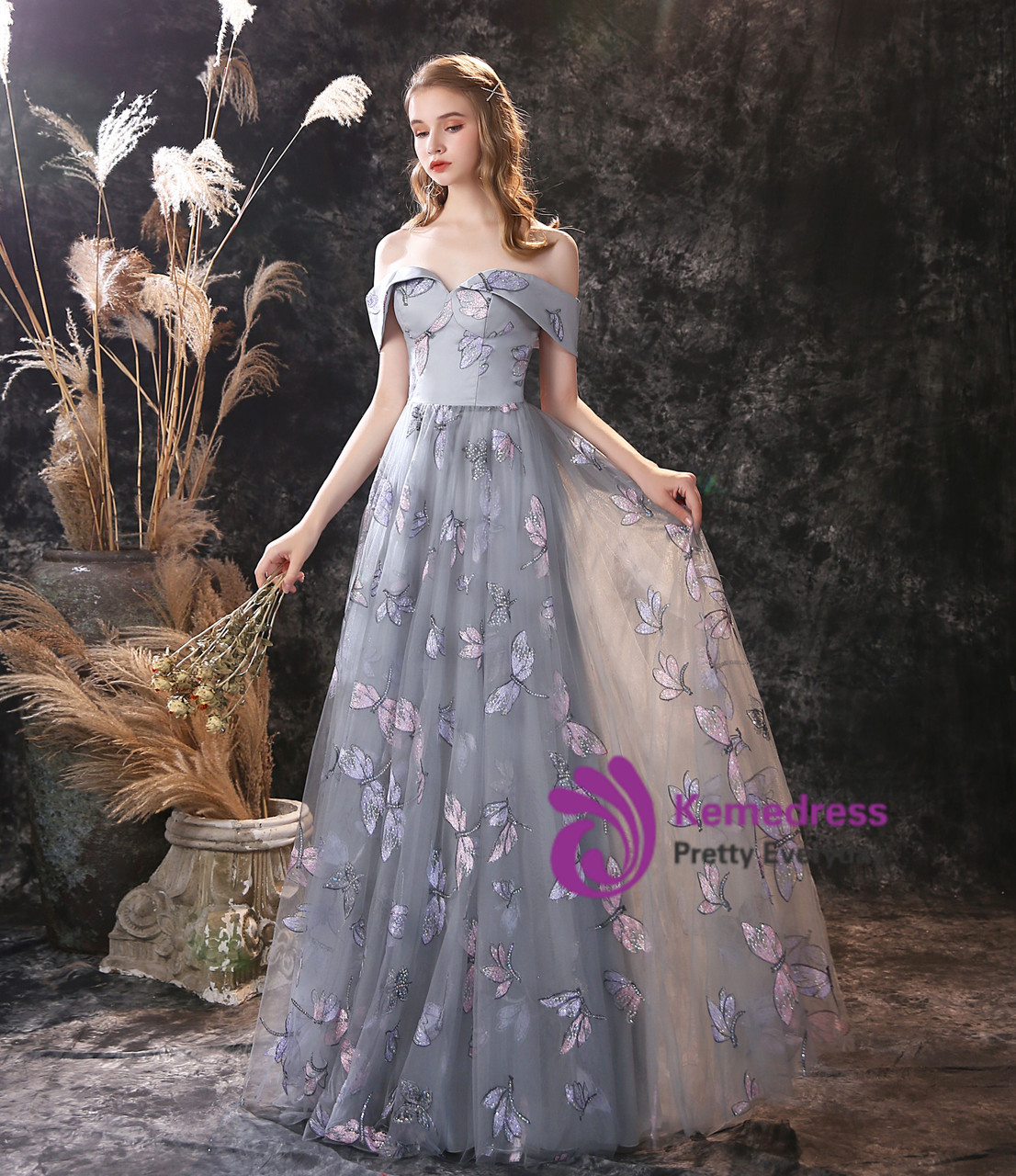 Gray Tulle Prom Dress with Dragonfly Embroidery | Off-Shoulder