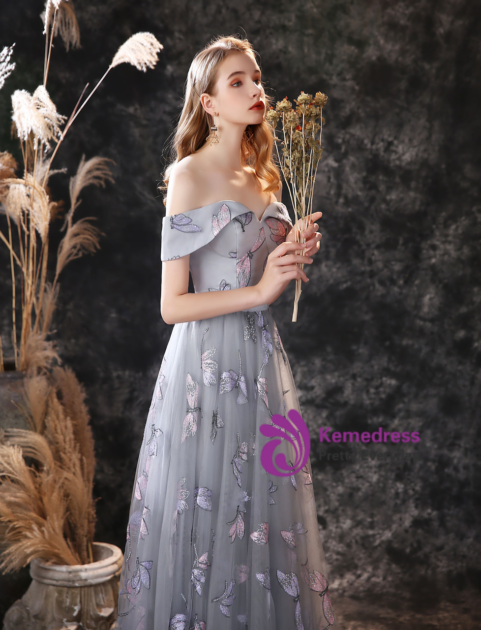 Gray Tulle Prom Dress with Dragonfly Embroidery | Off-Shoulder