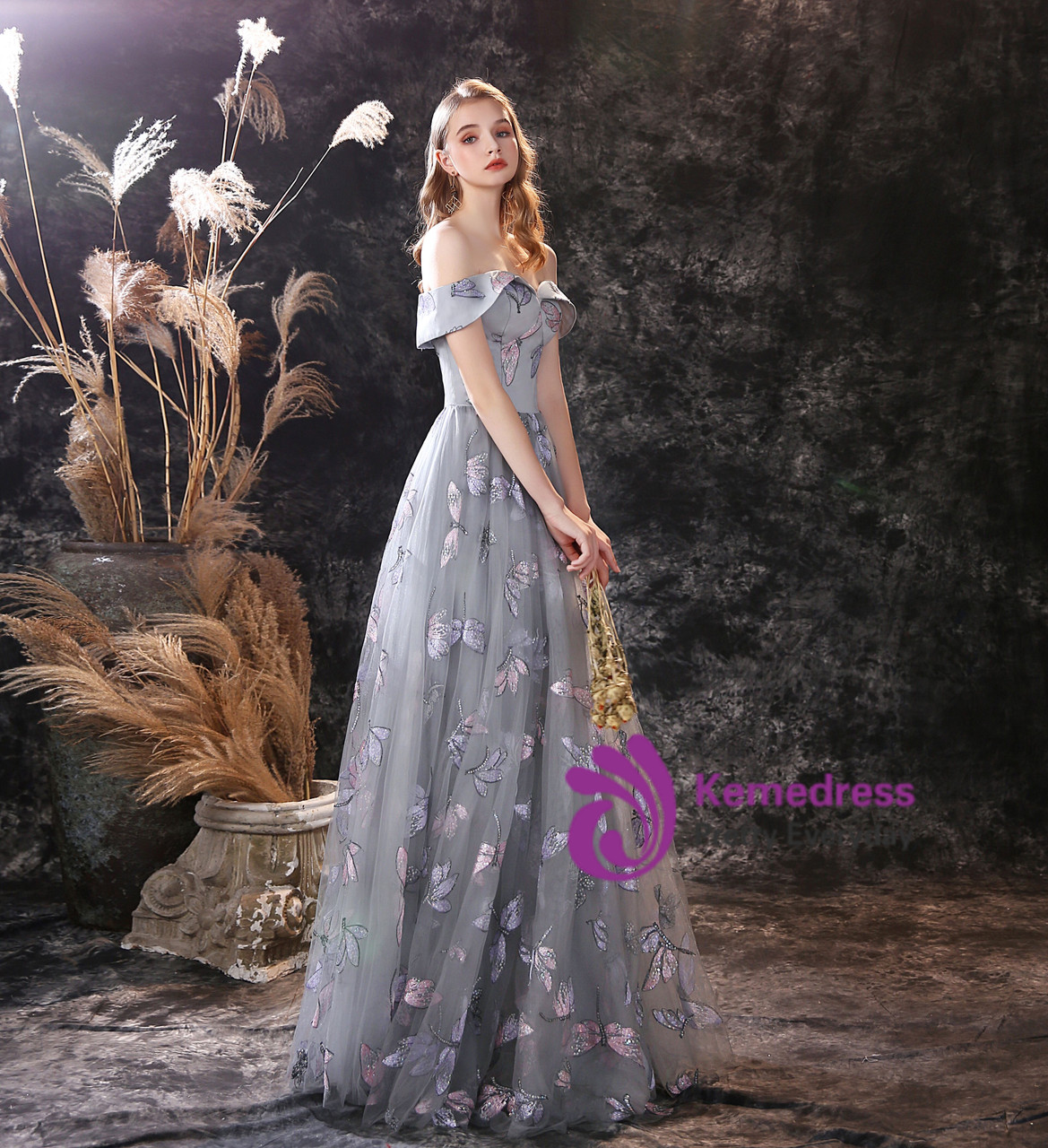 Gray Tulle Prom Dress with Dragonfly Embroidery | Off-Shoulder
