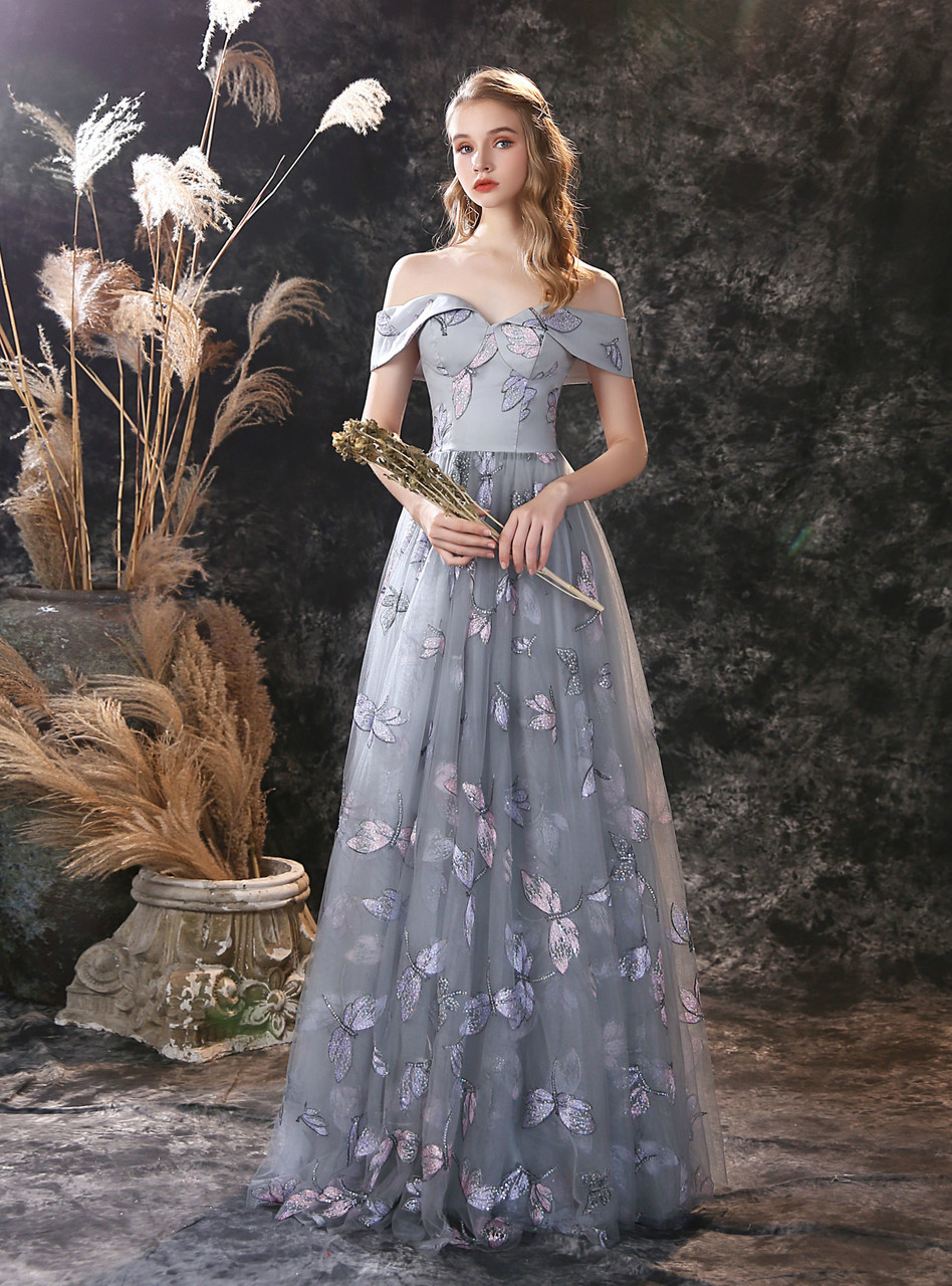 Gray Tulle Prom Dress with Dragonfly Embroidery | Off-Shoulder