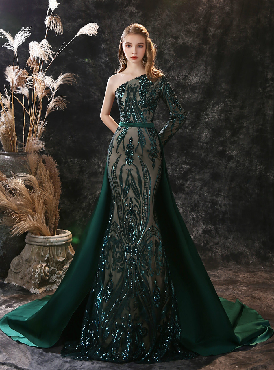 Dark Green Mermaid Sequins Satin One Shoulder Long Sleeve Prom Dress