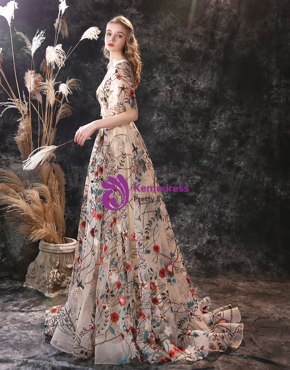 Champagne Tulle Embroidery Short Sleeve Backless Prom Dress