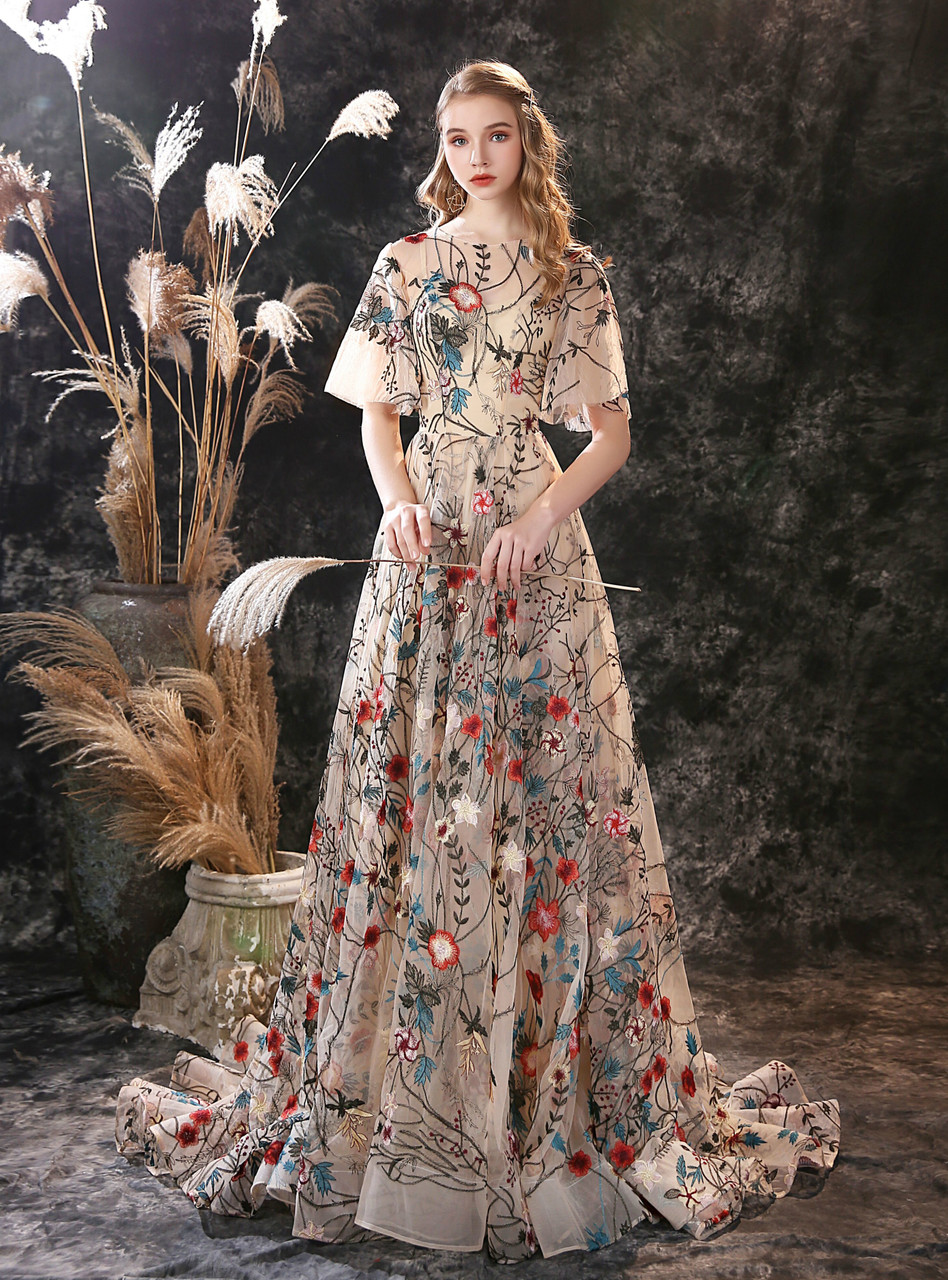 Champagne Tulle Embroidery Short Sleeve Backless Prom Dress