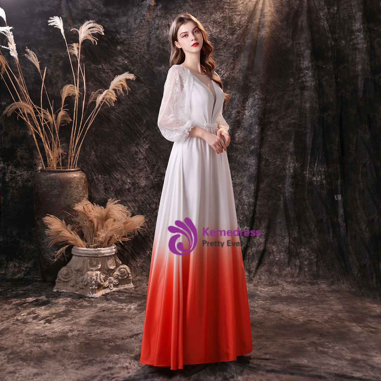 White Gradient Illusion V-neck Lace Long Sleeve Prom Dress White Gradient Illusion V-neck Lace Long Sleeve Prom Dress