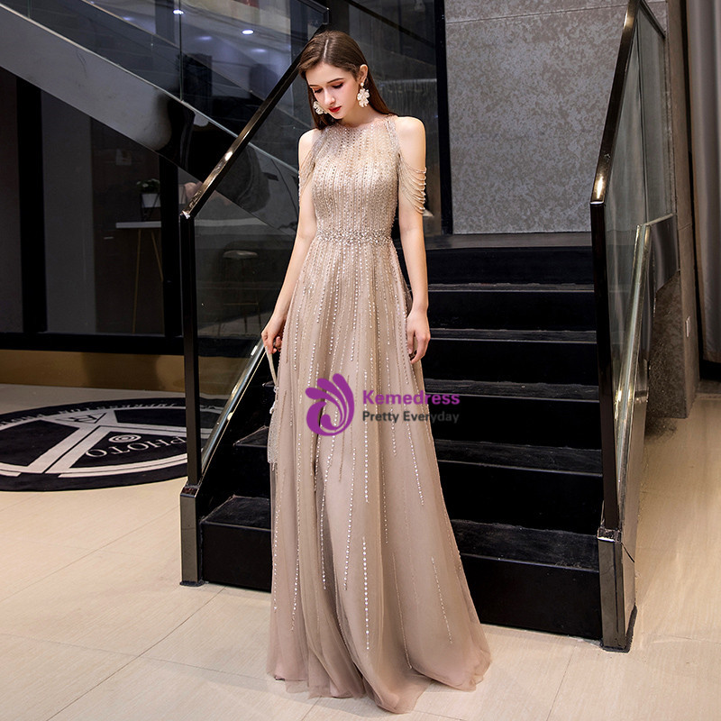Princess Champagne A-Line V-Neck Sleeveless Sequin Beaded Tulle Long Prom Dress Evening Dress main image 0