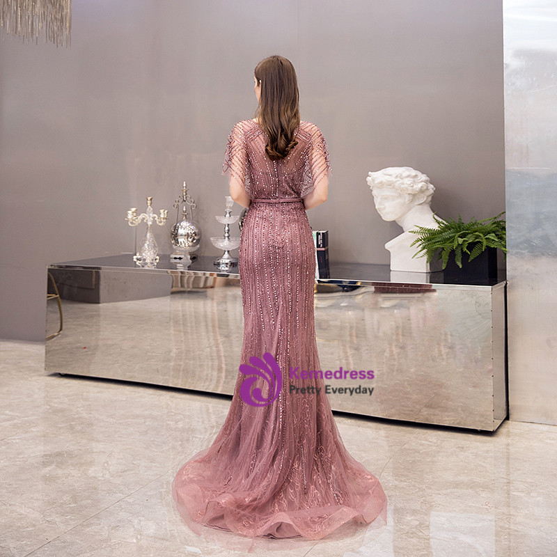 Pink Beading Mermaid Tulle Prom Dress