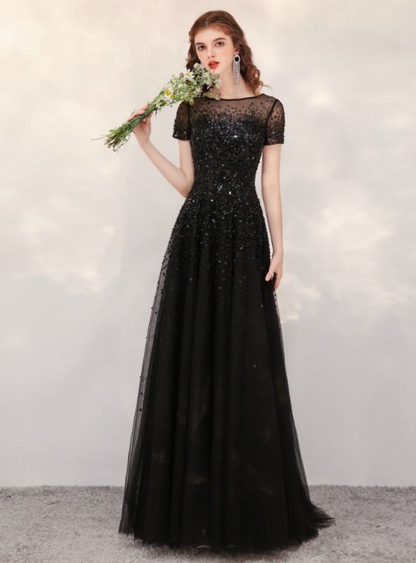 lace and beads black tulle dress Unique Black And V-neck Lace Up Beading Tulle Prom Dresses main image 1